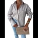 thumbnail image 3 of Camisas de Rayas con Botones para Mujer, Blusas Informales de Larga con Cuello para Oficina, Trabajo, Caqui M, 3 of 8