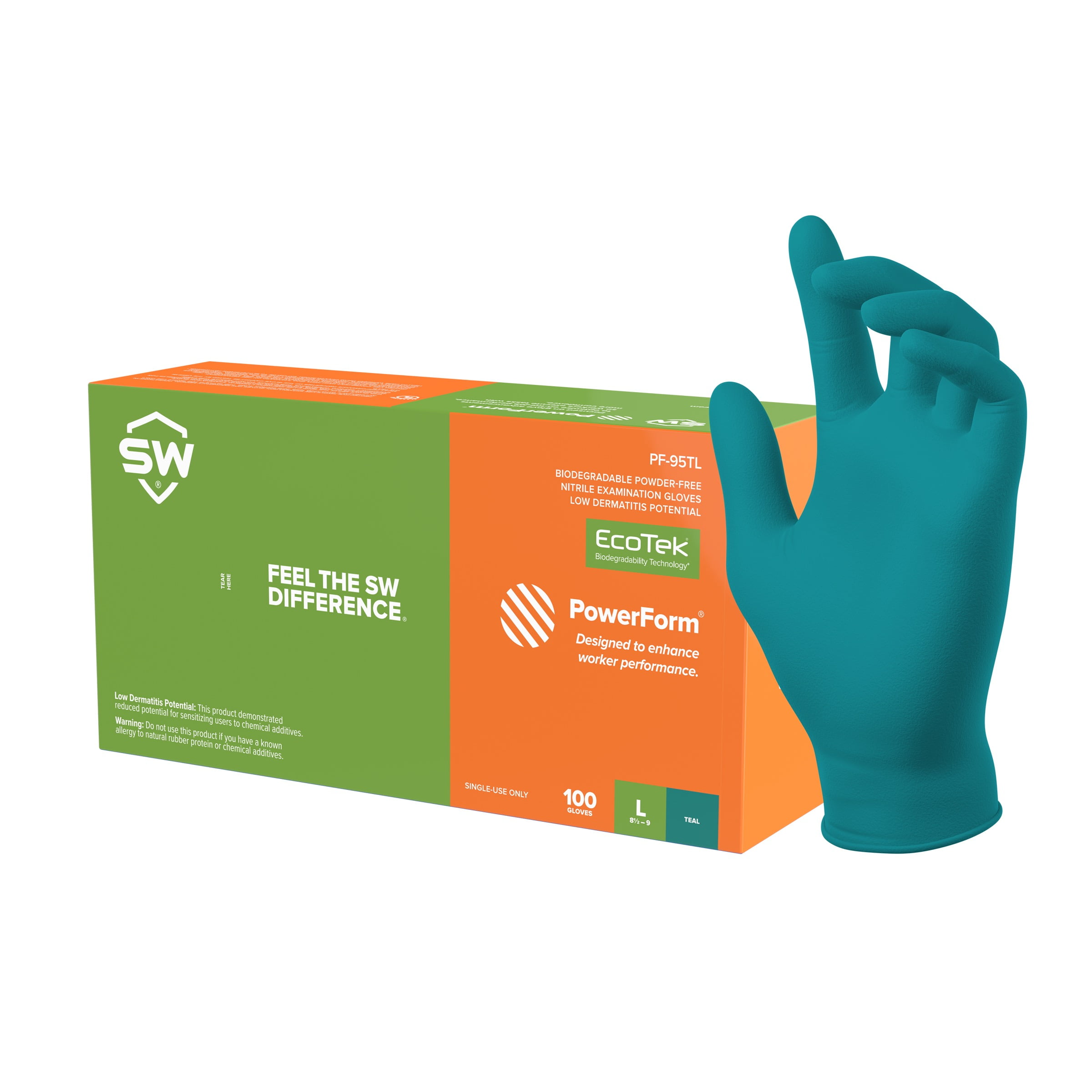 SW Safety PowerForm Nitrile Exam Gloves, PF-95TL Teal 5.0mil, Biodegradable, Size M, 100Ct