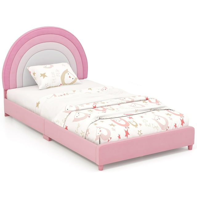 Gymax Lit Plateforme Simple pour Enfants, Cadre de Lit Rembourré Format Simple avec Lattes en Bois, Rose