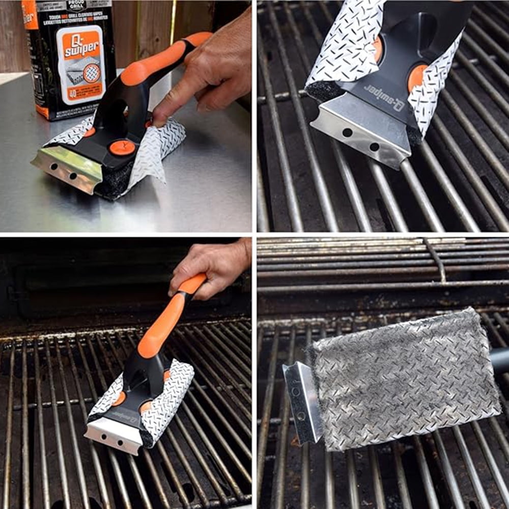 Proud Grill Q-Swiper XL Complete Grill Cleaner Kit for Hot + Cold + Exterior Grill Cleaning. Includes 1 Long Grill Brush, 2 Steam Clean Cloths, 40 Moist Grill Wipes, and 1 Exterior Reusable Cloth