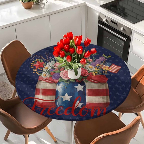Independence Day Pink Red Flowers Round Fitted Tablecloth with Elastic Edge,Waterproof Table Cloth Fits 36"-44" Tables,Wipeable Washable Table Cover for Indoor Outdoor Dinning Party,Retro Blue Plaid