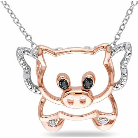 Black and White Diamond Accent Two-Tone Sterling Silver Pig Pendant, 18