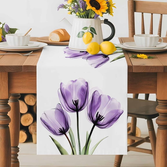 Purple Tulip Dining Table Runner, Transparent Flower Washable Table Runners Kitchen Coffee Table Center Decor for Home Party Holiday Wedding 13 x 48 Inches