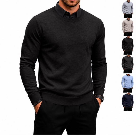 FOPSUFGWFO Men's Knit Sweaters 2 in 1 Crew Neck Sweatshirts With Shirt Collar Long Sleeve Pullover Tops for Business 3XL