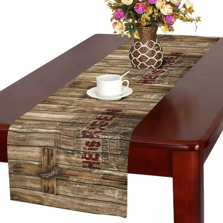 Wood Table Runner MKHERT He Is Risen Easter with Christian Cross on Wood Design Table Runner Home Decor for Home Kitchen Dining Wedding Party 16x72 Inch ()