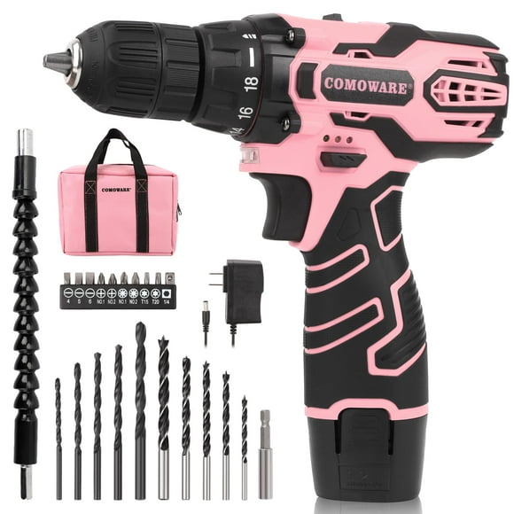 COMOWARE Pink Cordless Drill Set for Women, 12V Lightweight Electric Screwdriver with 3/8" Keyless Chuck, 1.5Ah Battery - Portable Power Drill Kit with Pink Tool Bag for