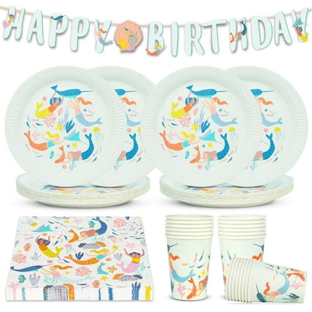 Talking Tables Mermaid Party Decorations Tableware Party Supplies Set 50pcs Bundle Includes Happy Birthday Reusable Bunting Napkins, Cups, Paper Plates, Disposable Table cover Under the Sea-Themed