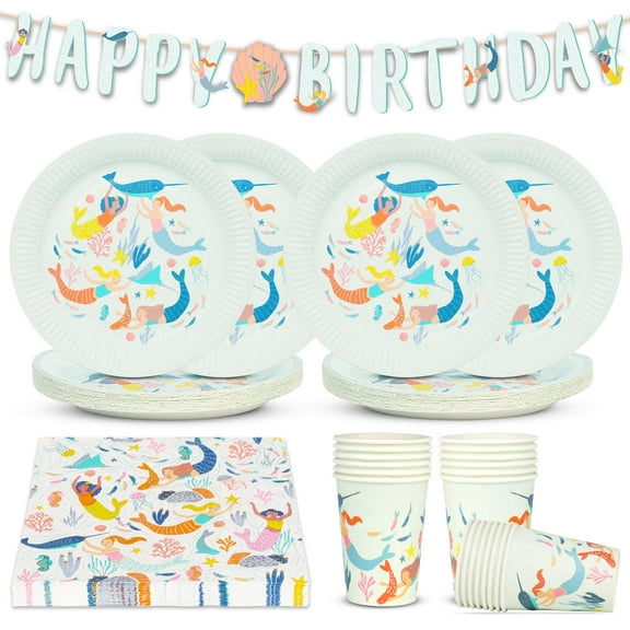 Talking Tables Mermaid Party Decorations Tableware Party Supplies Set 50pcs Bundle Includes Happy Birthday Reusable Bunting Napkins, Cups, Paper Plates, Disposable Table cover Under the Sea-Themed