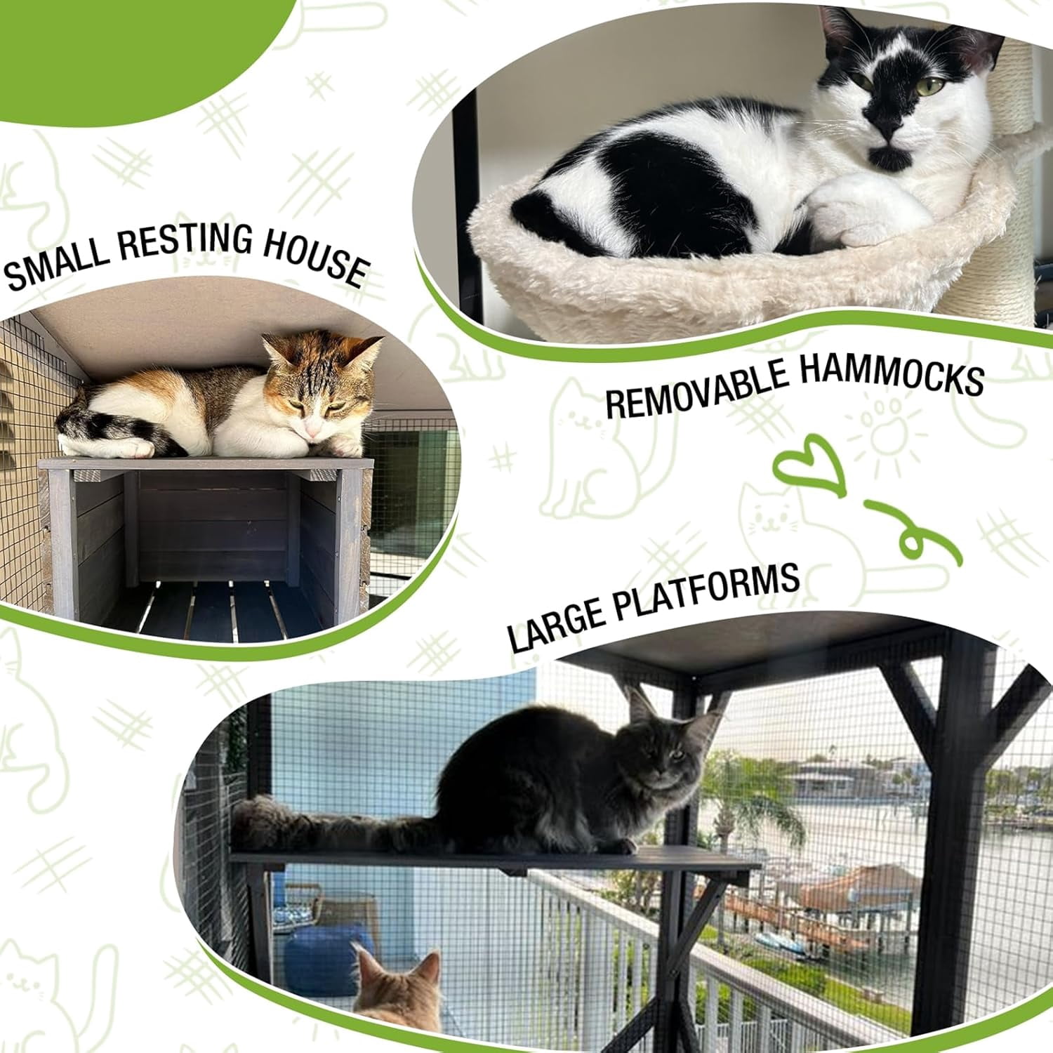 MEDEHOO Cat House Outdoor Catio for Cat Enclosure on Wheels 62.5" Large Kitty Shelter with Waterproof Cover,Indoor Cat Cage with Resting Room,Platforms