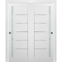 Sliding Closet Bypass Doors 36 x 84 with hardware | Quadro 4088 White Silk with Frosted Opaque Glass | Sturdy Top Mount Rails Moldings Trims Set | Kitchen Lite Wooden Solid Bedroom Wardrobe Doors