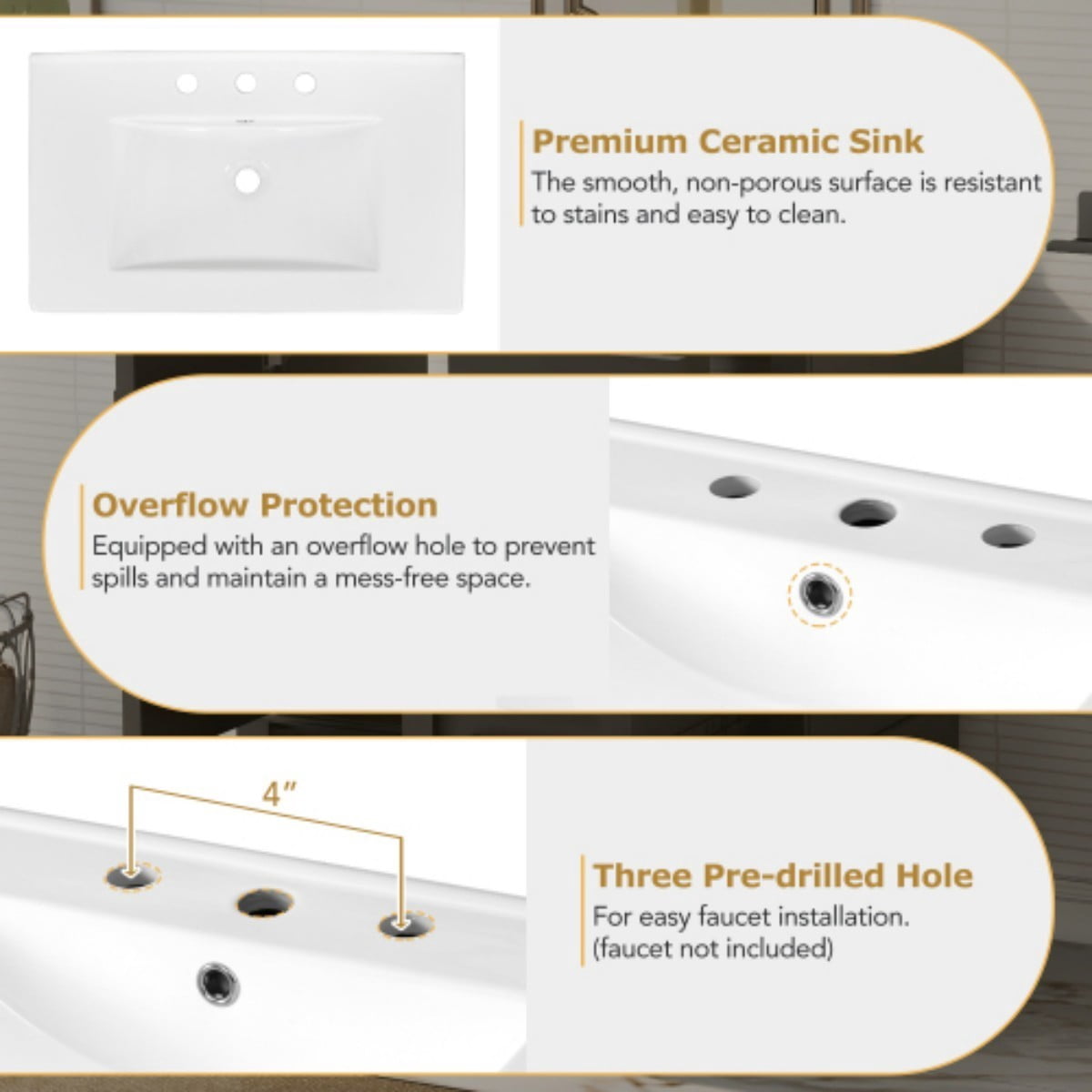 30" Bathroom Vanity with Ceramic Sink, Freestanding Bathroom Cabinet, Soft Close Door, 3 Drawers, Solid Wood Frame, Black