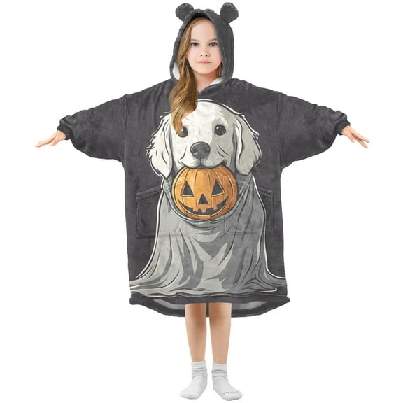 FORMRS Wearable Blanket Hoodie with Sleeves for Kids Cozy Flannel Sweatshirt, White Halloween Dog