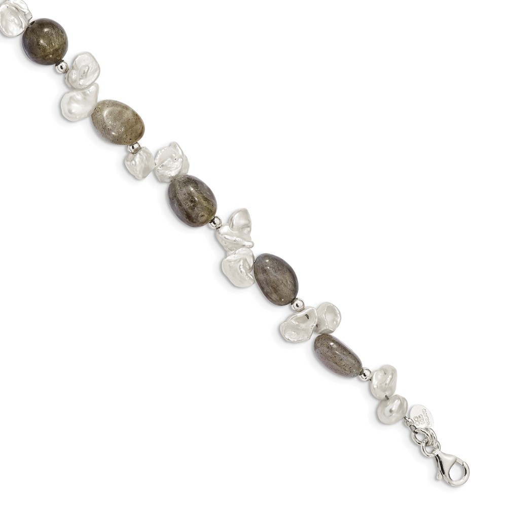 Solid 925 Sterling Silver Labradorite and Freshwater Cultured Keshi Pearl 1in Extension Unique Bracelet - with Secure Lobster Lock Clasp 7 inch,