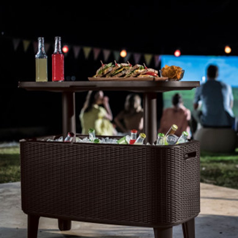 Keter Bevy Bar 17 Gallon Cooler with Pop-Up Table Top Cart, Rattan Brown