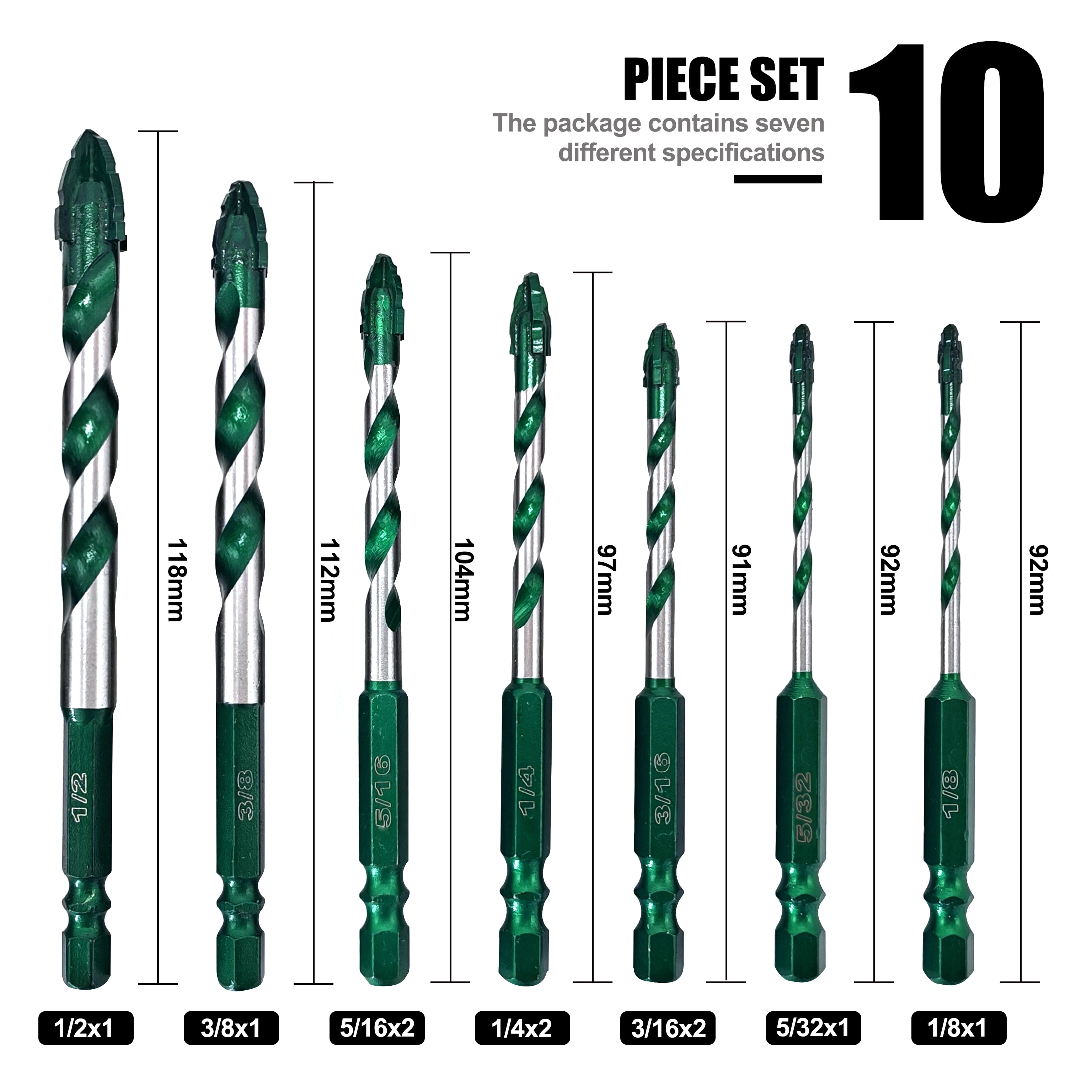 Serrated Eccentric Masonry Drill Bit 10pcs, Four-Edge Serrated Concrete Drill Bit for Concrete Glass Brick Cement Tile Marble Wood (1/8”-1/2”)