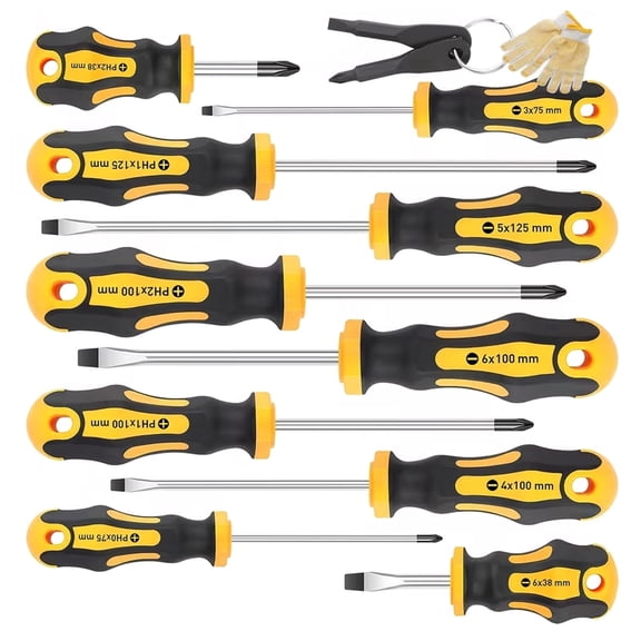 10Pcs Magnetic Screwdrivers Set with Gloves,5 Phillips and 5 Slotted Tips,Cushion Grip Screwdriver Sets for Fastening and Loosening Seized(Yellow)