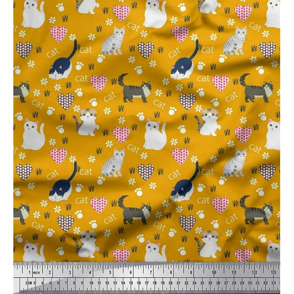 Soimoi Modal Satin Fabric Heart,Footprint & Cat Animal Printed Fabric 1 Yard 42 Inch Wide