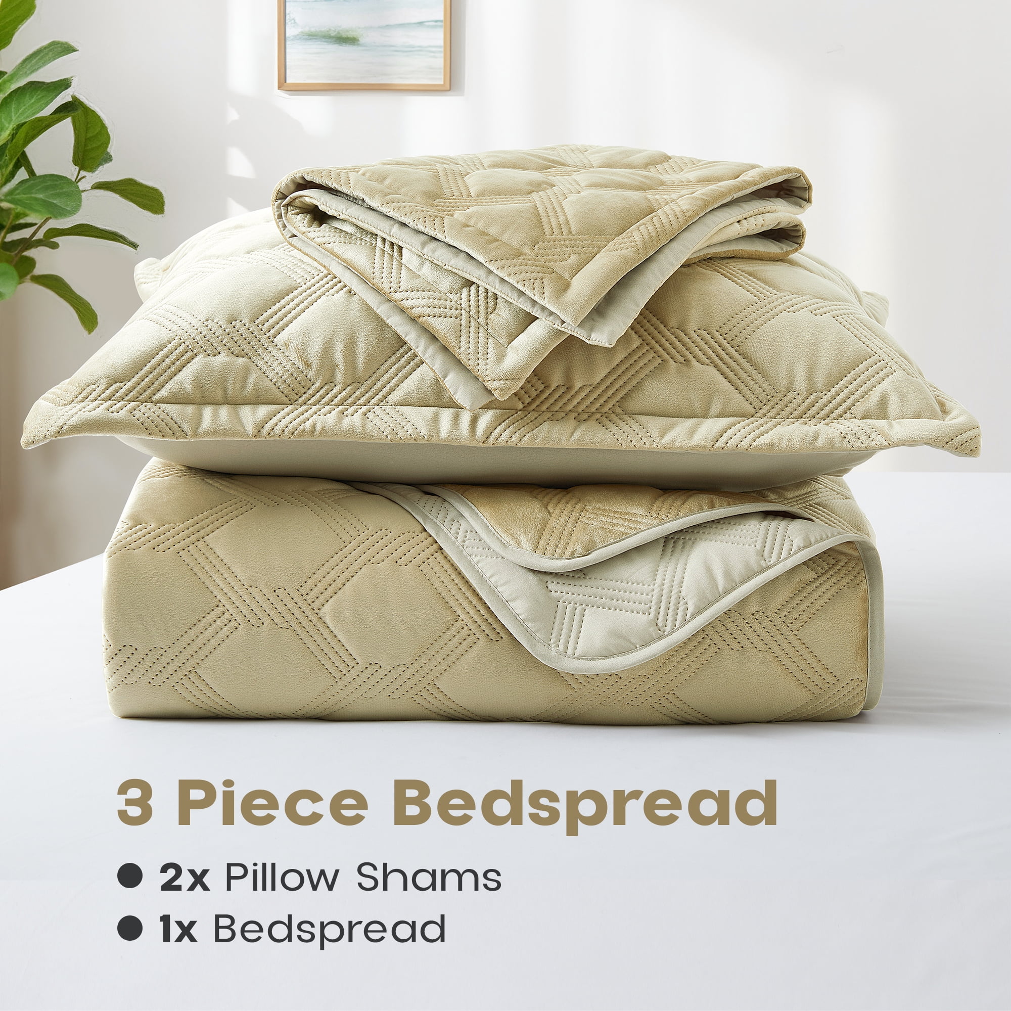 Ameha Velvet Quilt Set 3 Piece Geometric Ultrasonic Embossed Bedspread Reversible 350GSM Soft Microfiber Bedding Beige Full/Queen