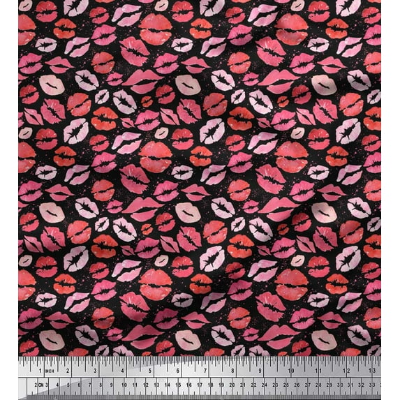 Soimoi Black Rayon Crepe Fabric Lips Women Fabric Prints By Yard 46 Inch Wide