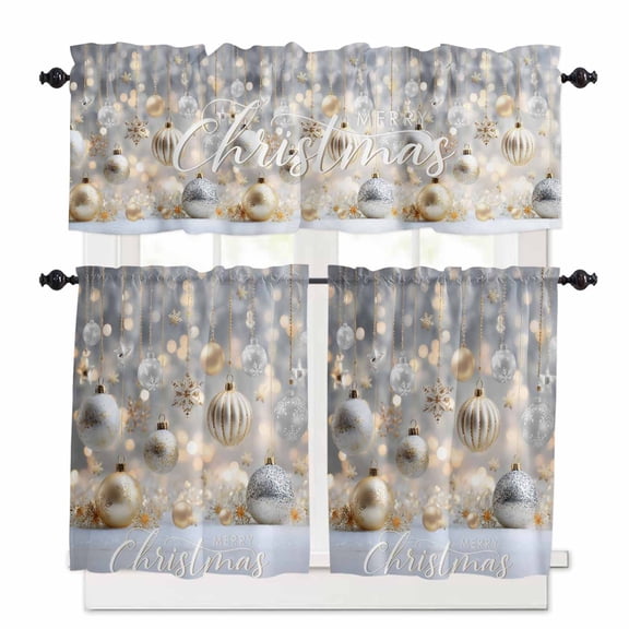 Merry Christmas Kitchen Curtains and Valances Set, Snowflake Gold Sliver Colored Ball Winter Rod Pocket Window Valance Window Curtain Panels for Living Room Bedroom Laundry, 27.5x24in, 3 Pieces