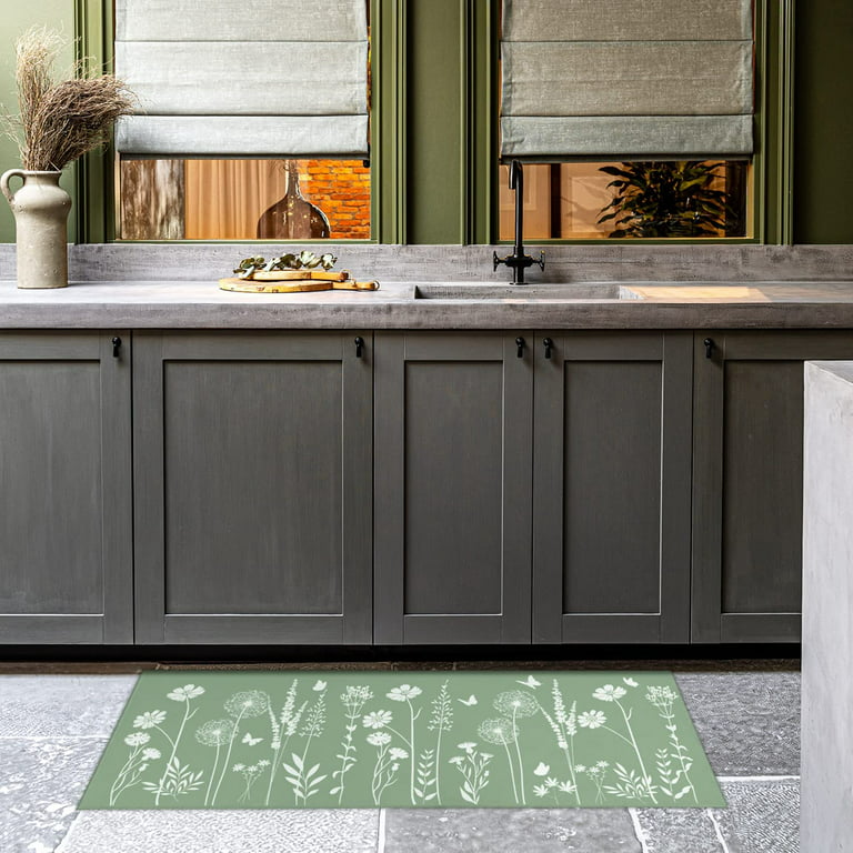 Sage Green Kitchen Mat Rug Set of 2- Plant Floral Butterfly