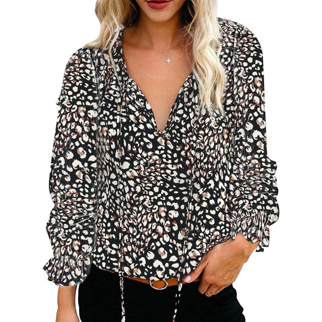 Guardurnaity Blusa de mujer con cuello en V con cordones en la parte de manga larga casual camisa suelta Prendas para la parte del cuerpo Impreso 2 SG