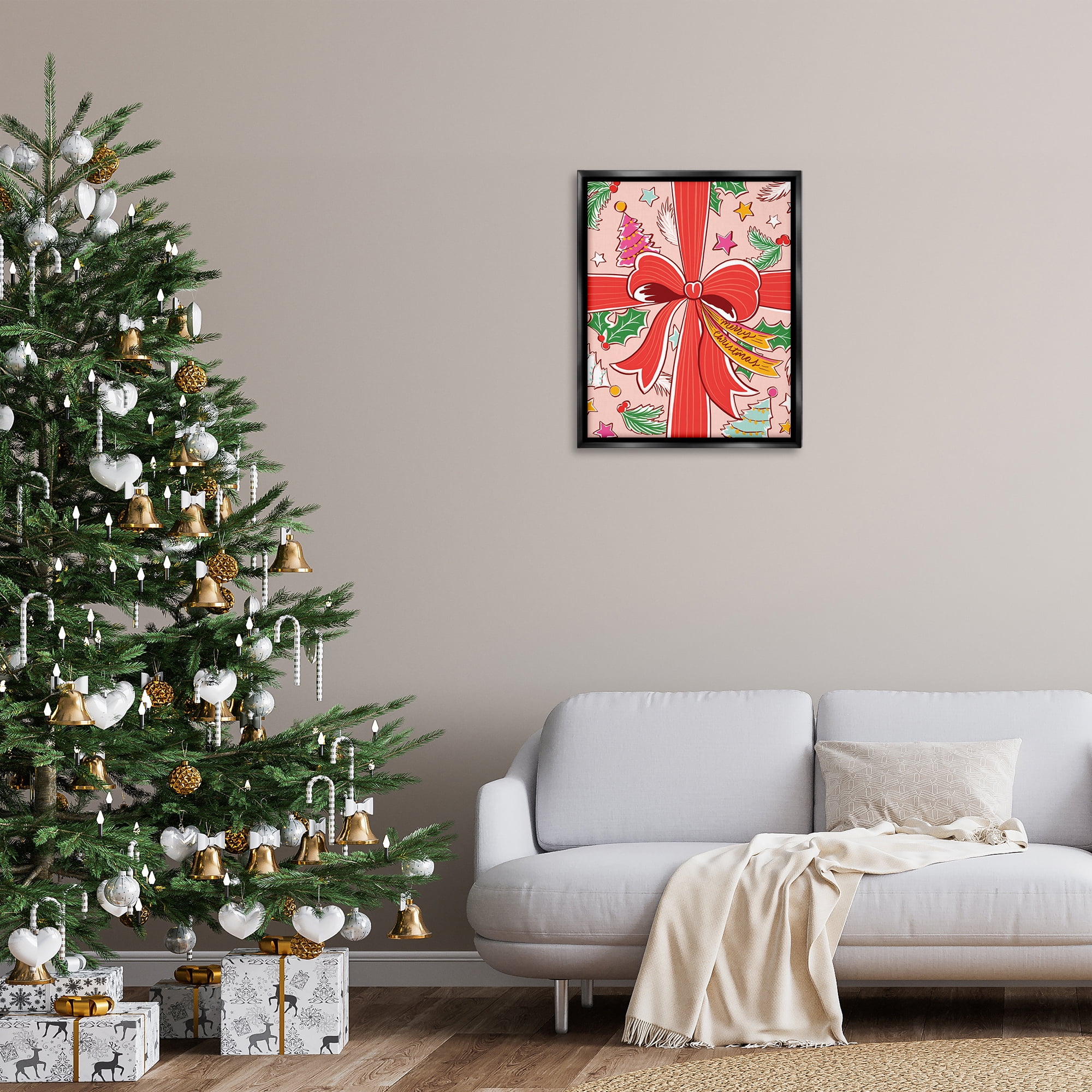 Stupell Industries Christmas Bow and Trees Holiday Painting Black Floater Framed Canvas Art Prints Wall Art, 25 x 31