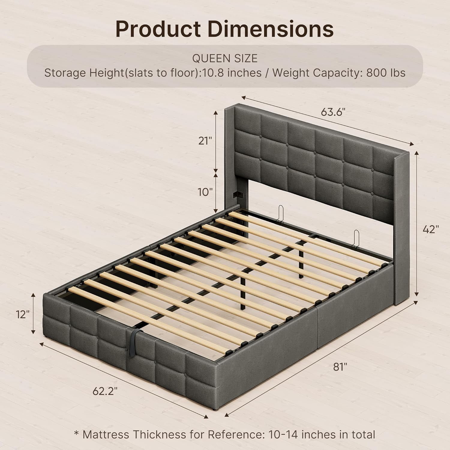 Lofka Queen Lift Up Storage Bed Queen, Upholstered Platform Bed Frame with Modern Wingback Headboard, Hydraulic Support, No Box Spring Needed, Grey