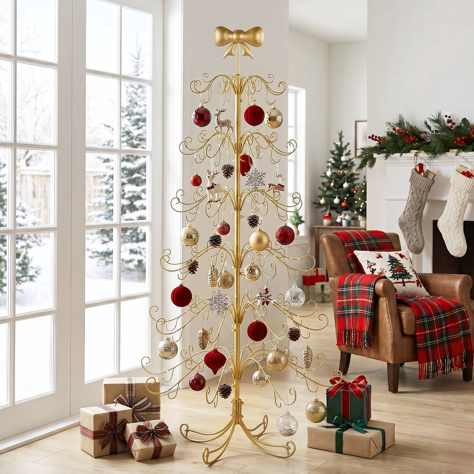 6ft Gold Iron Christmas Tree with Bow on Top, PVC Christmas Tree (No Accessories Included)