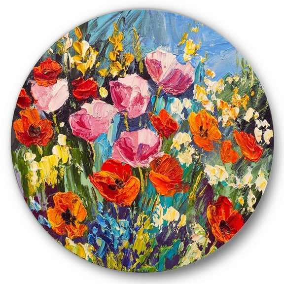 Designart 'Colorful Spring Poppies In Field' Traditional Circle Metal Wall Art 36x36 - Disc of 36