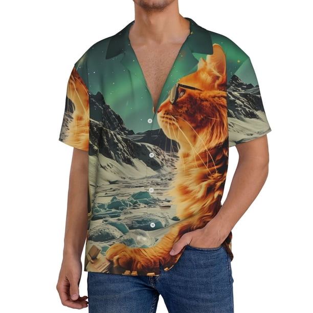 Fotbe Space Adventurer Cat Camisa Estampada de Manga Corta para Hombre, Casual de Verano, Estilo Playero, Sin Arrugas-XX-Large