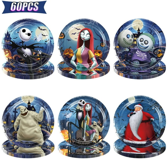 60PCS Nightmare Birthday Party Supplies 7 Inch 6 Styles Nightmare Before Christmas Decor Disposable Paper Plates Halloween Birthday Decorations Party Favors