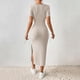 thumbnail image 4 of Vestido de Verano de Manga Corta de Punto de Costillas Midi Slim-Fit con Cuello Francés Clásico Y División Lateral para Mujeres en Colores Versátiles, 4 of 9