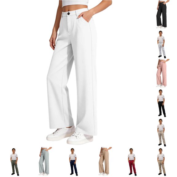 Boys School Uniform Pants for Gilrs Straight Leg Flat Front White Kids Dress Pants Comfortable Waistband with Zip Closure 11-12 Years
