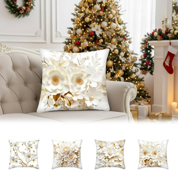 Funda de almohada navideña de 45x45cm - Decoración navideña para sofá o cama - Patrón de flores doradas - Tela corta y suave