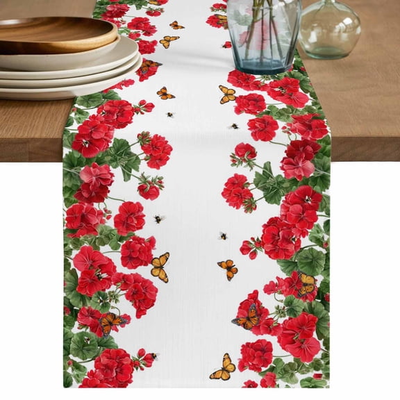 Red Spring Floral Cotton Linen Table Runner for Dining Kitchen, Butterfly Farmhouse Wedding Outdoor Party Tablerunners Decoration, Dresser Scarf Coffee Tablecloth Runners 13x70 Inches