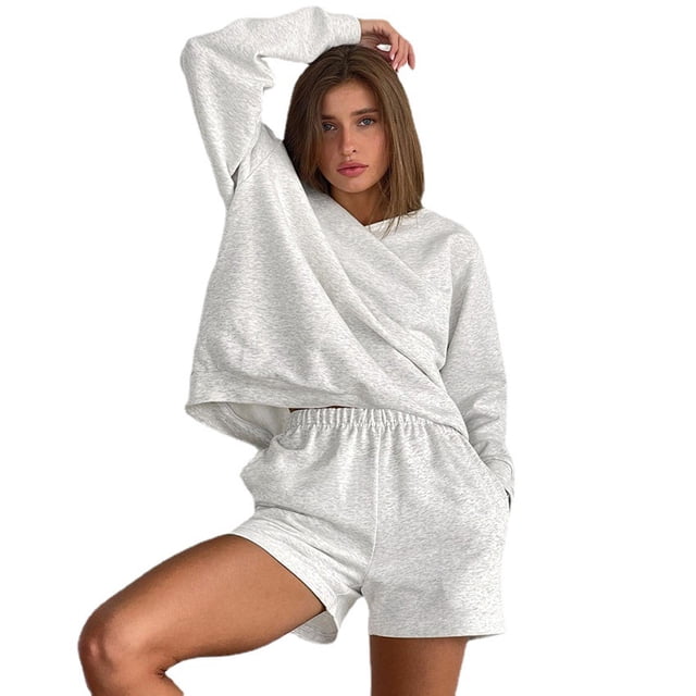 2022 Conjunto de pijamas de manga larga europeos y americanos de otoño Pantalones cortos deportivos Tejido transfronterizo suelto Puede usar ropa de casa para damas (Gris, L) JAMW Sencillez