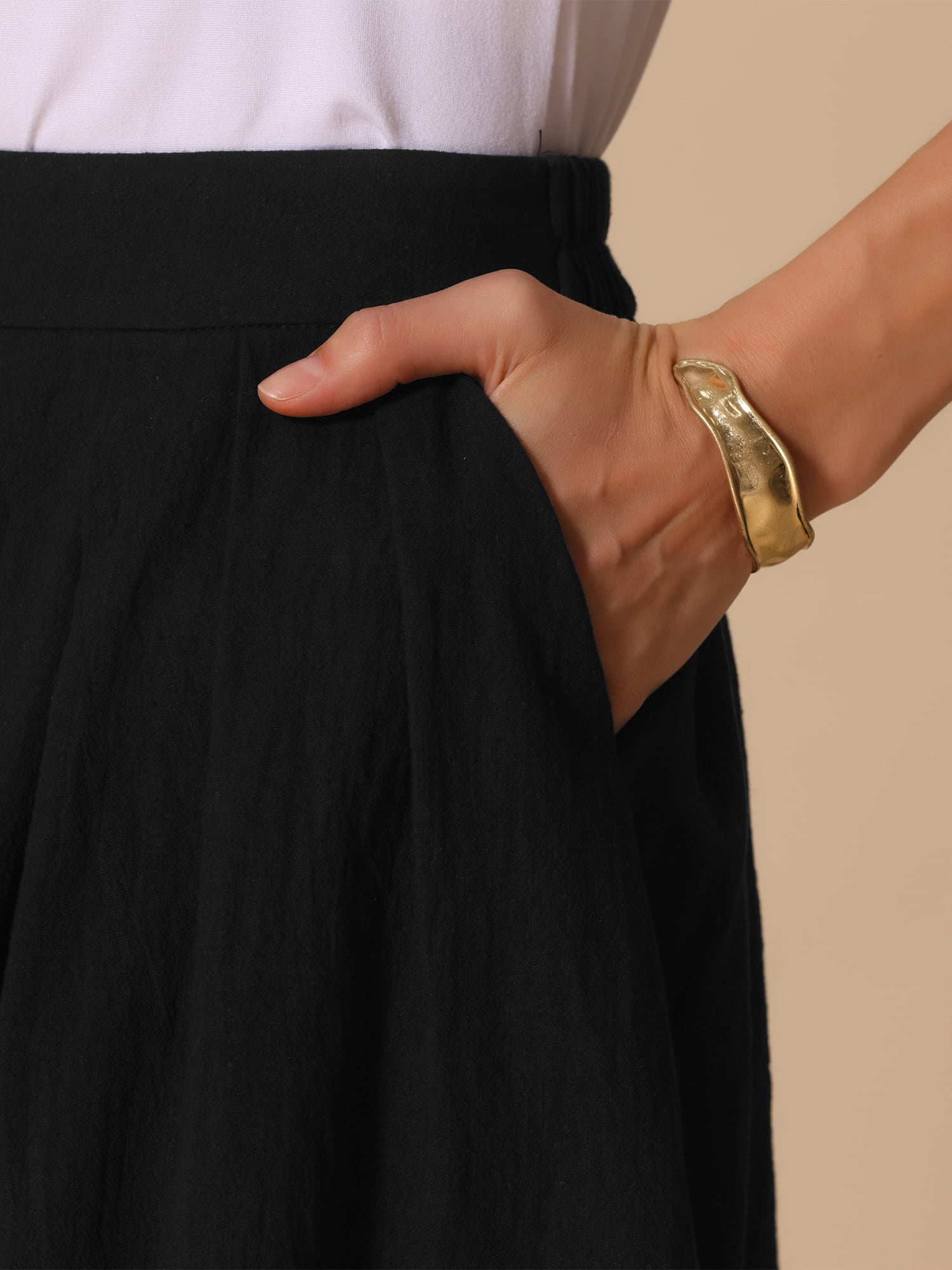 DARING DIVA Women's Button Decor Elastic Waist A-Line Skirts with Pockets M Black