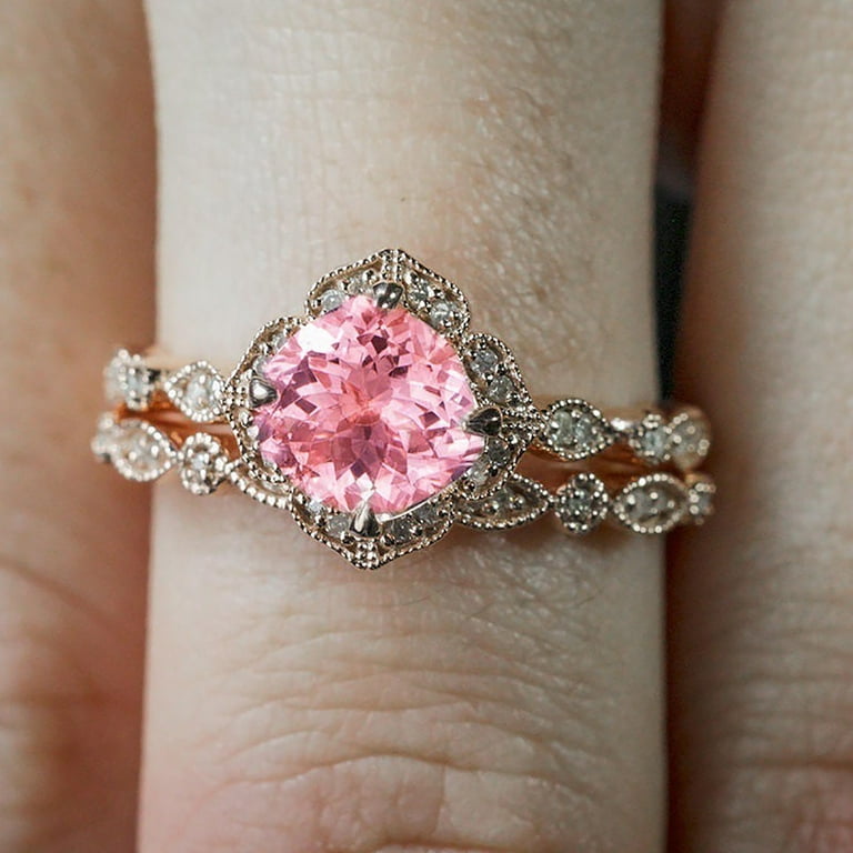 Womens Rings Vintage Floral Engagement Ring Pink Diamond Wedding Band Ring  Set 