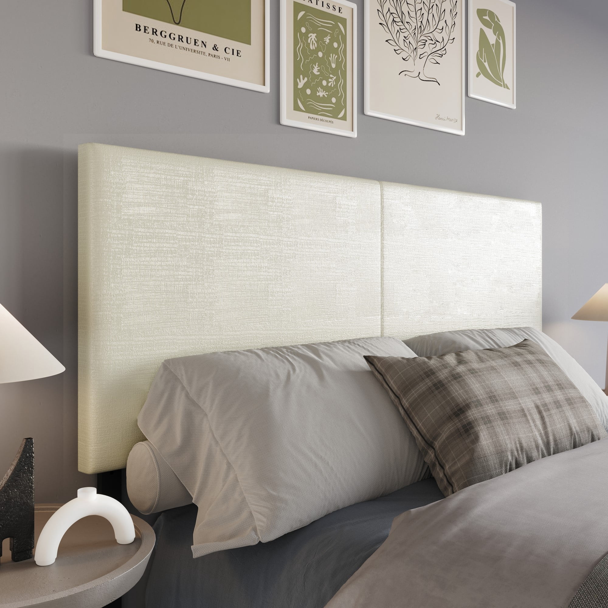 Home Design Hazard Full Upholstered Headboard with Foam Padding and Minimalist Design, Metallic White, Easy Assembly