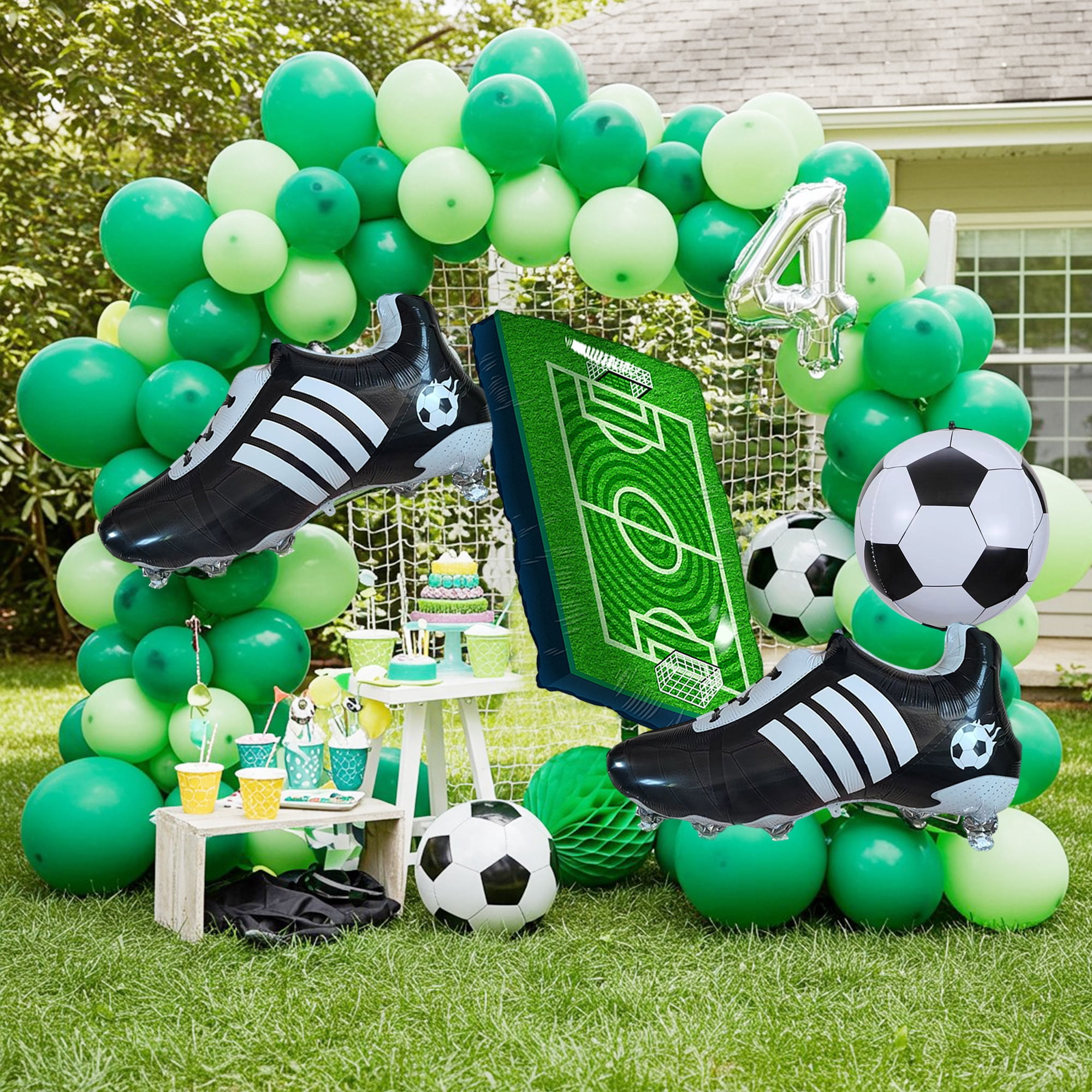 CYMYLAR Soccer Balloons Kit Football Party Decorations - Giant Soccer Ball Field Cleats Foil Balloons Green Latex for Boys Girls Birthday Sports Theme (14 Pieces)