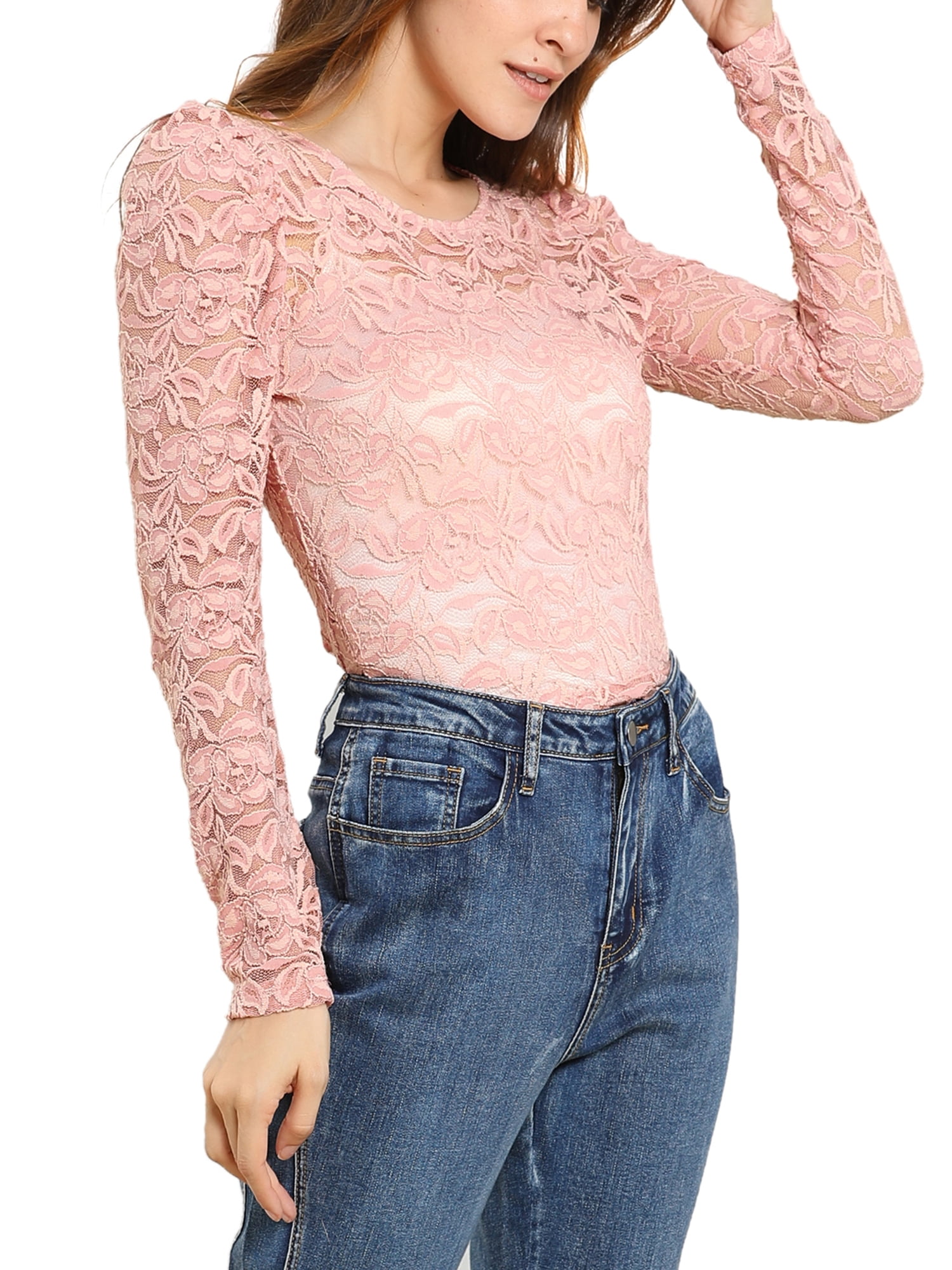 DARING DIVA Semi Sheer Puff Sleeve Vintage Top M Pink