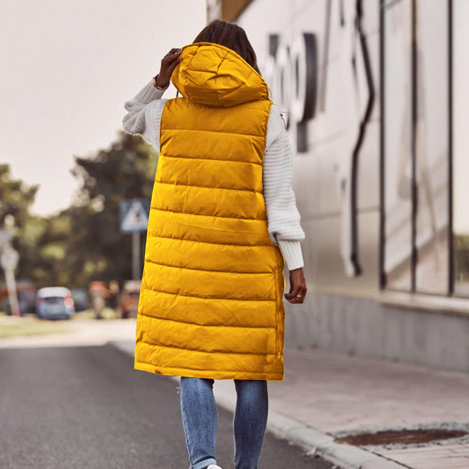Womens Puffer Vest Sleeveless Hooded Long Quilted Vests Zip Up Lightweight Puffy Winter Jackets Gilet with Pockets