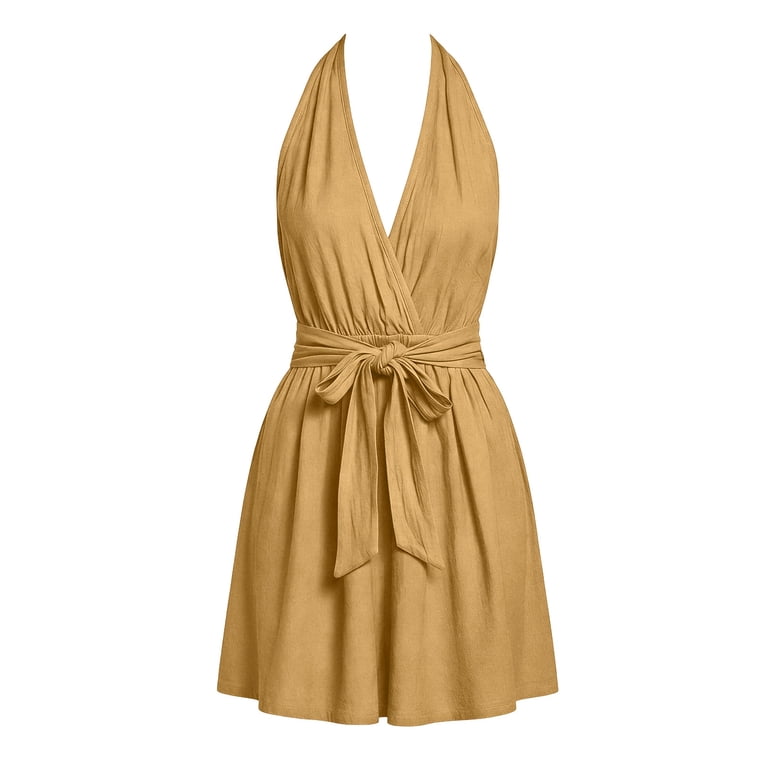 Lenago Summer Dresses for Women Plus Size Halter V Neck Tie Waist Mini Dress Loose A Line Swing Casual Beach Wedding Guest Sundress, Women's, Size