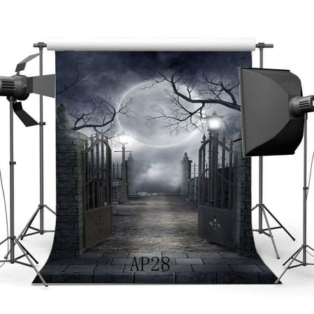 Image of ABPHOTO Polyester 5x7ft Gothic Backdrop Happy Halloween Horror Night Shining Moon Haunted House Metal Gate Gloomy Brick Floor Photography Background Adult Masquerade Photo Studio Props