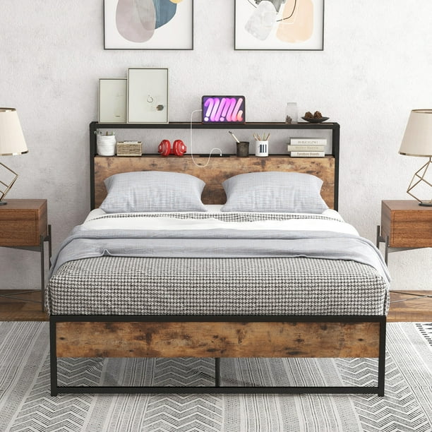 Gymax Full Size Industrial Platform Bed Frame with Charging Station Storage Headboard