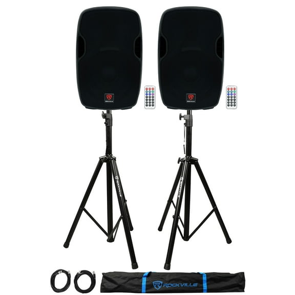 2) Rockville BPA15 15" Powered 800W DJ PA Speakers w Bluetooth Stands Cables Bag