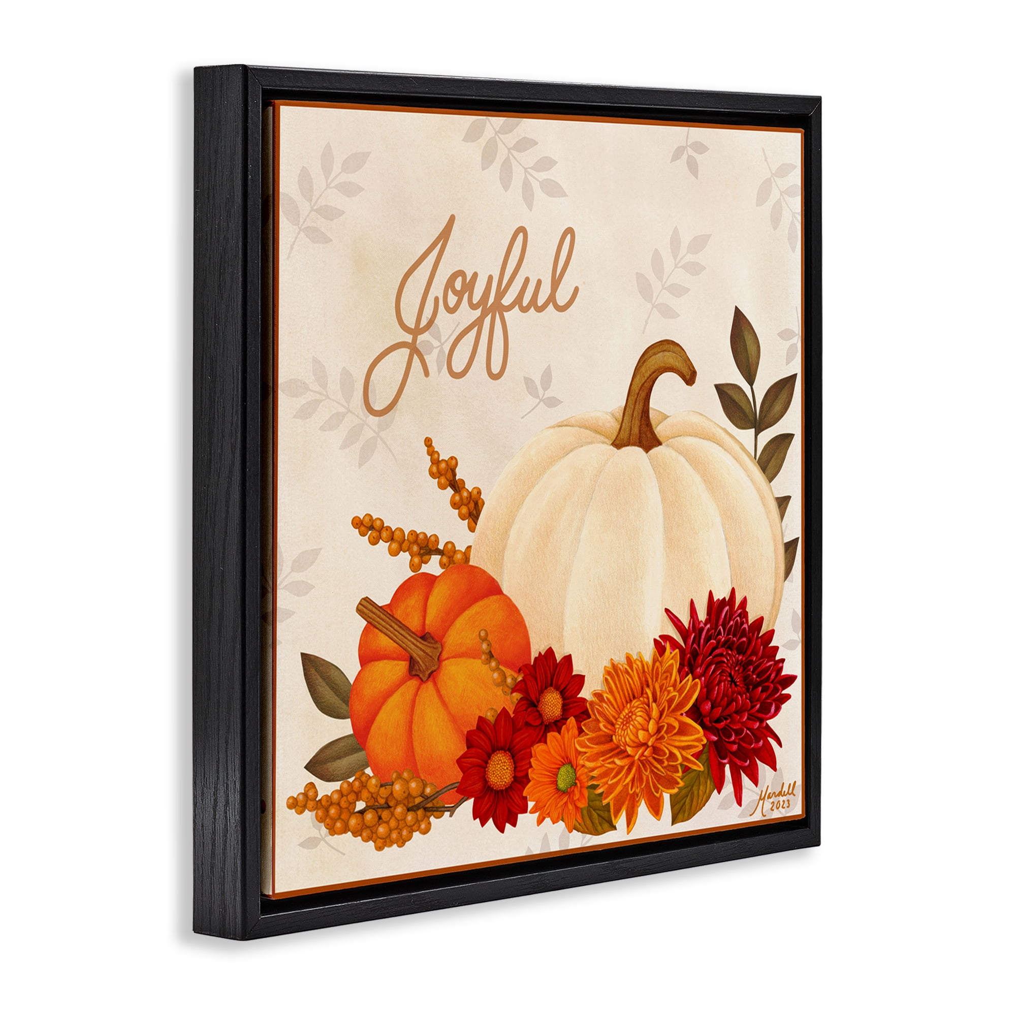 Stupell Industries Joyful Floral Pumpkins Holiday Painting Black Floater Framed Canvas Art Prints Wall Art, 18 x 18