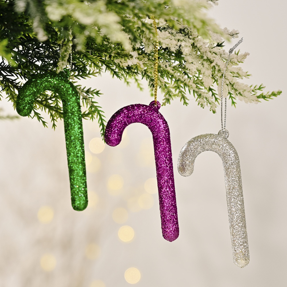 Plastic Glitter Crutch Ornaments for Christmas Tree New Year Party Decorations, 3.5 inches, 4