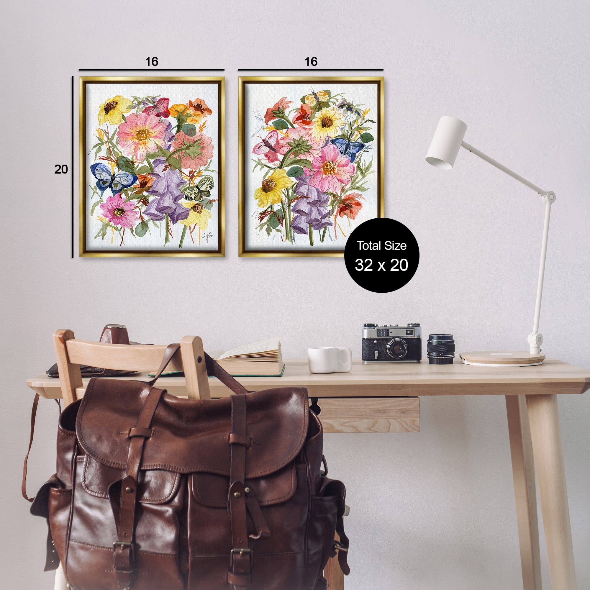 Stupell Industries Traditional Butterflies & Florals Botanical & Floral Painting Gold Floater Framed Canvas Art Print Wall Art, 17 x 21, Set of 2